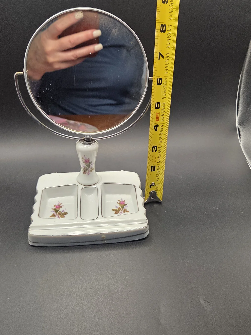 Vintage Porcelain Swivel Vanity Mirror with Floral Divided Trinket Tray